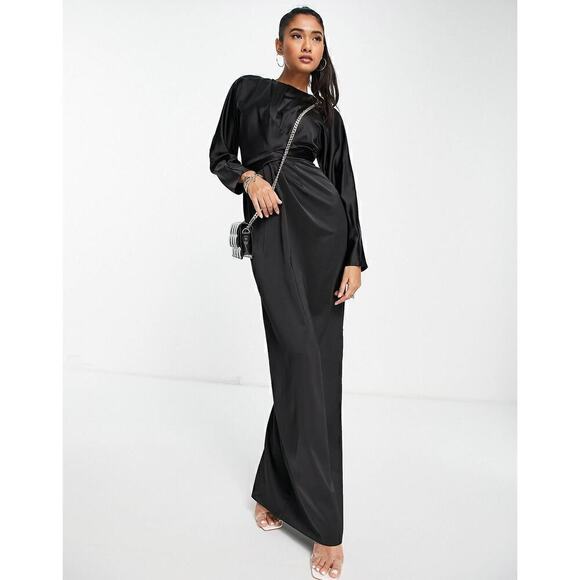 NWT ASOS Design Satin Maxi Dress Batwing Women's Long Sleeve Black Size 4 - Picture 1 of 7